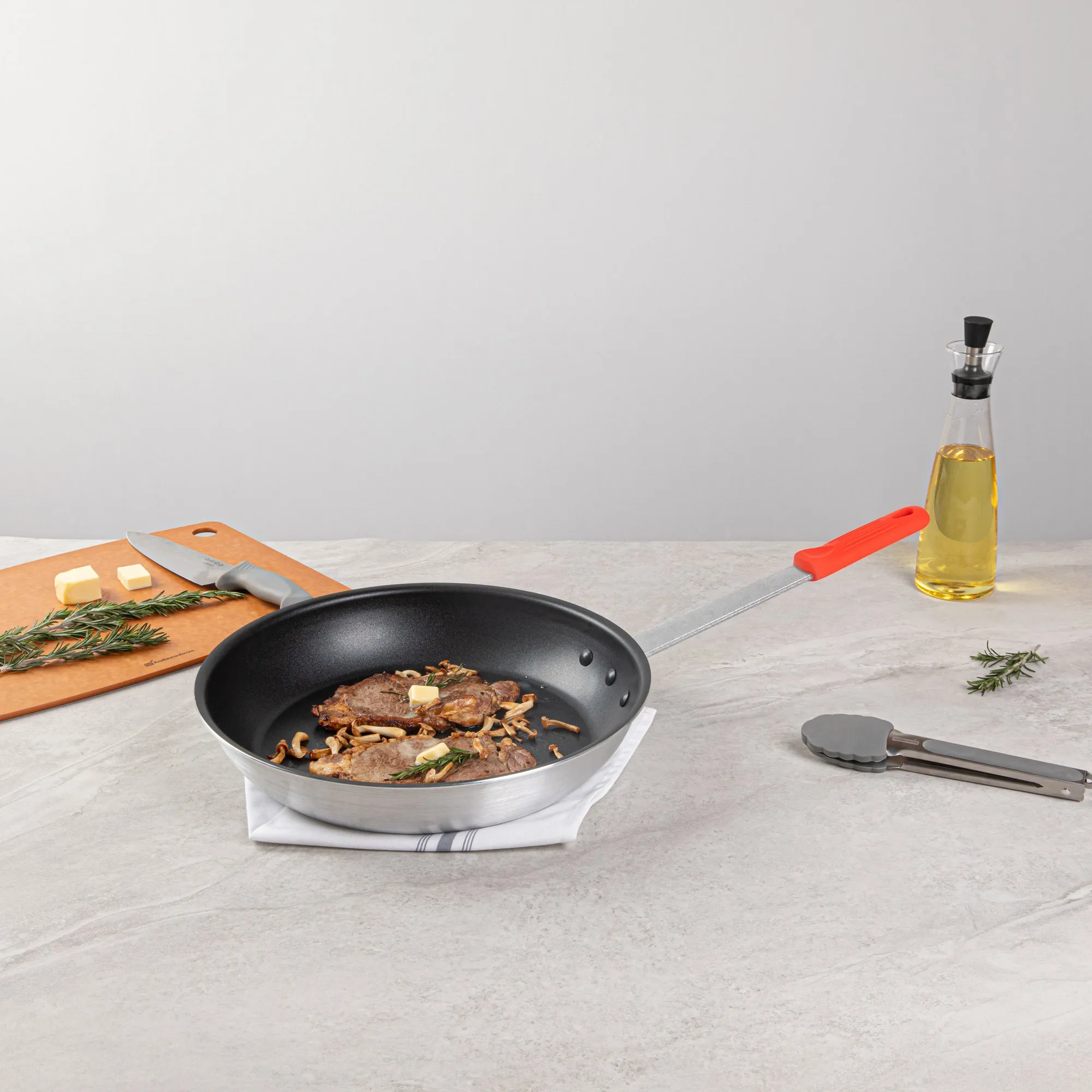 Met Lux 1 Aluminum 14" Non-Stick Fry Pan and 1 Red Silicone Pan Handle Sleeve