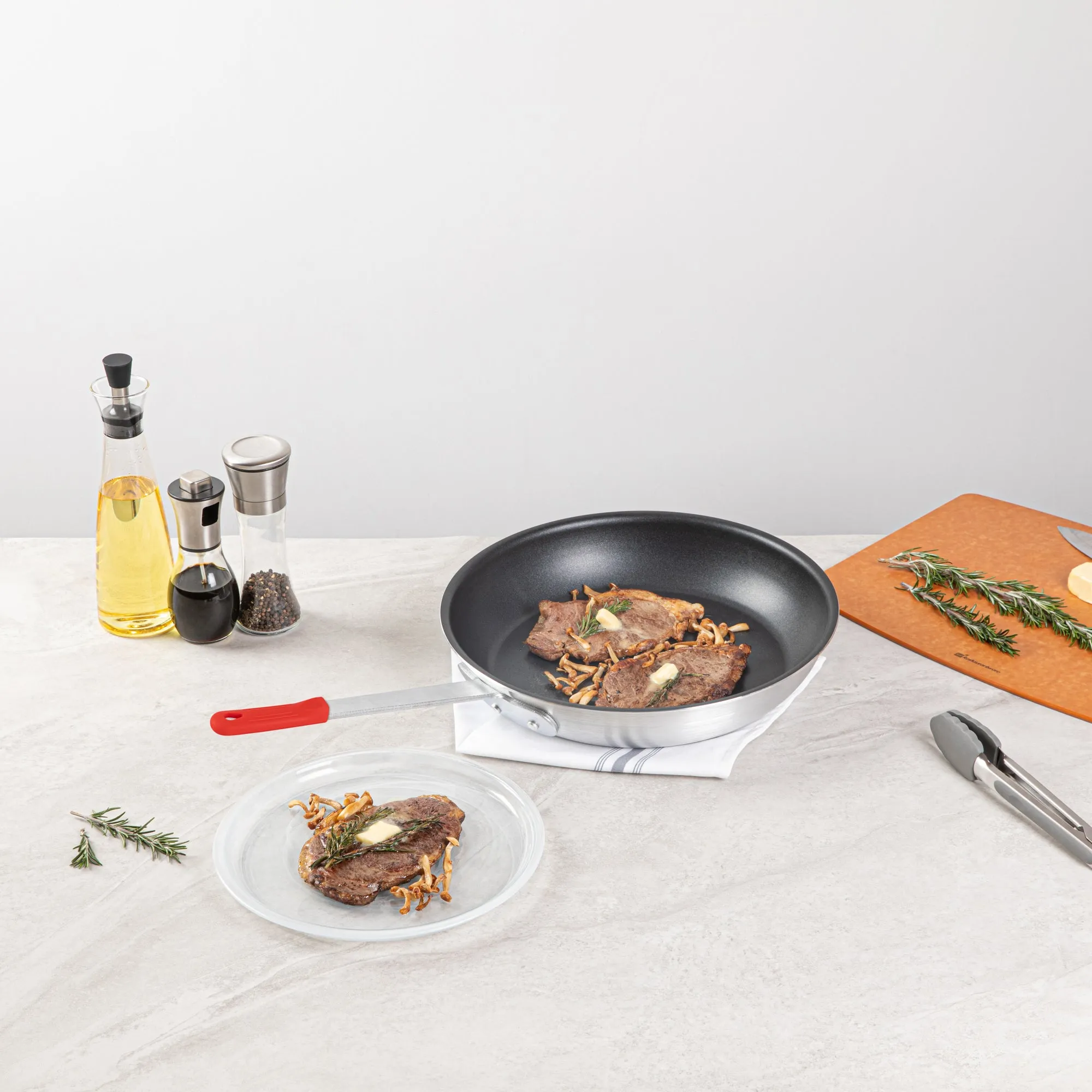 Met Lux 1 Aluminum 14" Non-Stick Fry Pan and 1 Red Silicone Pan Handle Sleeve
