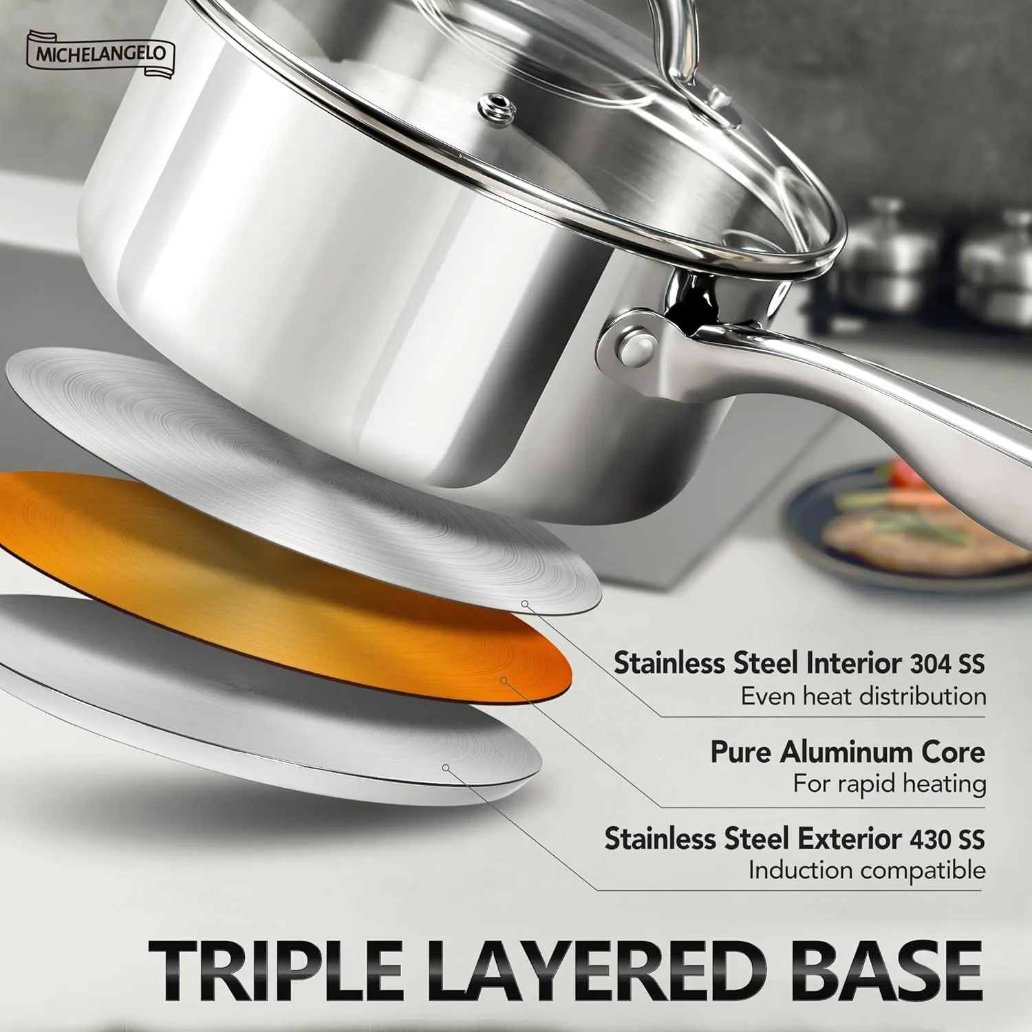 MICHELANGELO 3 Quart Saucepan with Lid, 18/10 Stainless Steel Sauce Pan with Tri-Ply Bottom, 3QT Sauce Pot, Induction Compatible
