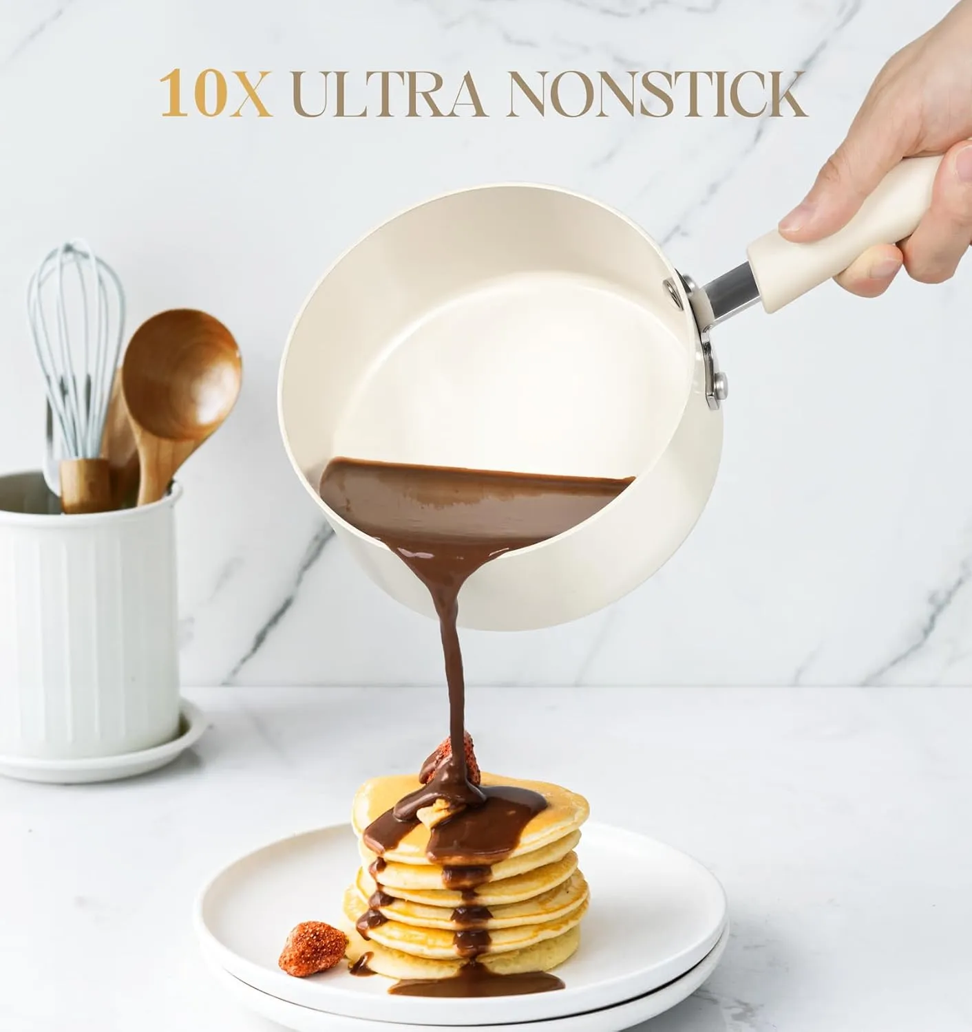 MICHELANGELO Nonstick Sauce Pan Sets, Ceramic Saucepan with Lid, Multipurpose Pot with Lid, Non-Toxic Saucepans, 1QT, White