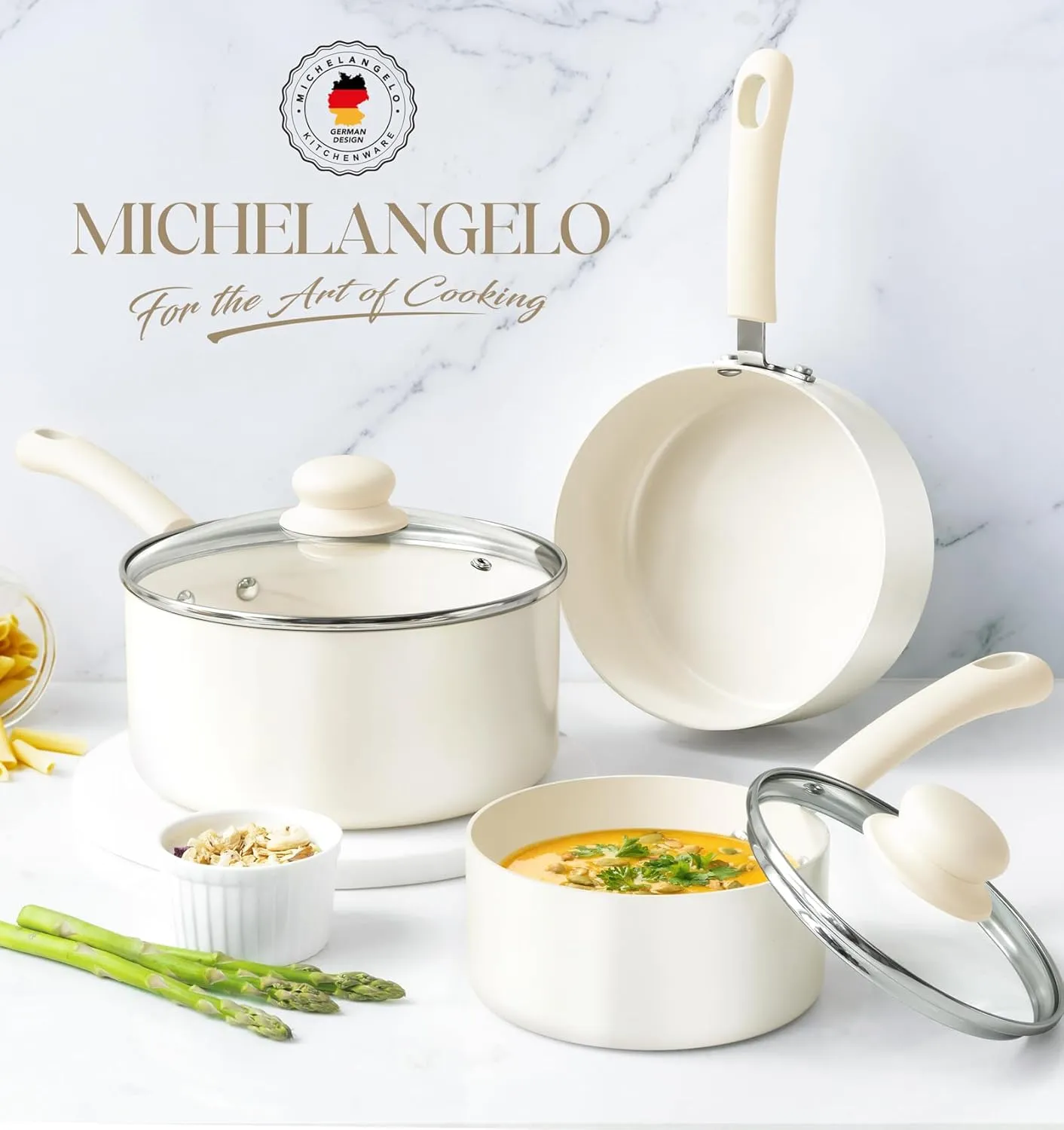 MICHELANGELO Nonstick Sauce Pan Sets, Ceramic Saucepan with Lid, Multipurpose Pot with Lid, Non-Toxic Saucepans, 1QT, White