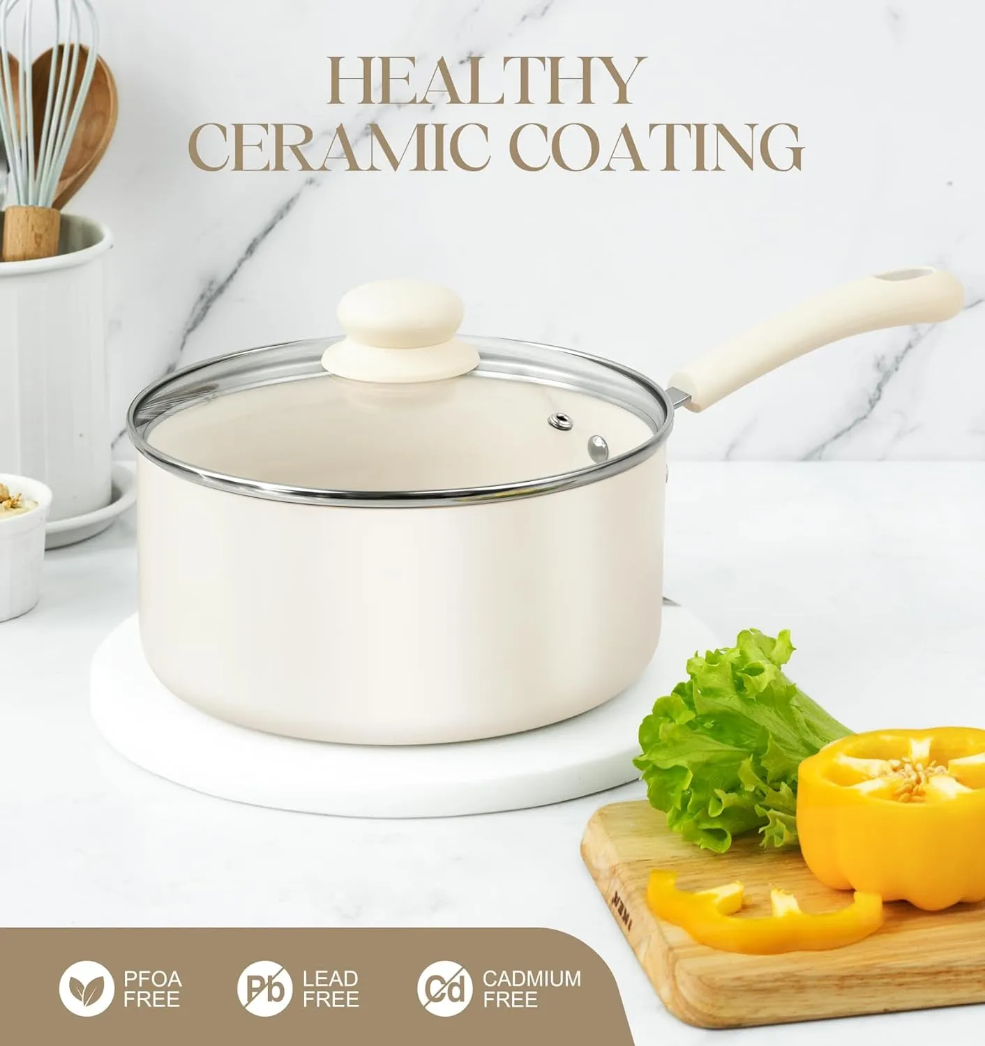 MICHELANGELO Nonstick Sauce Pan Sets, Ceramic Saucepan with Lid, Multipurpose Pot with Lid, Non-Toxic Saucepans, 1QT, White