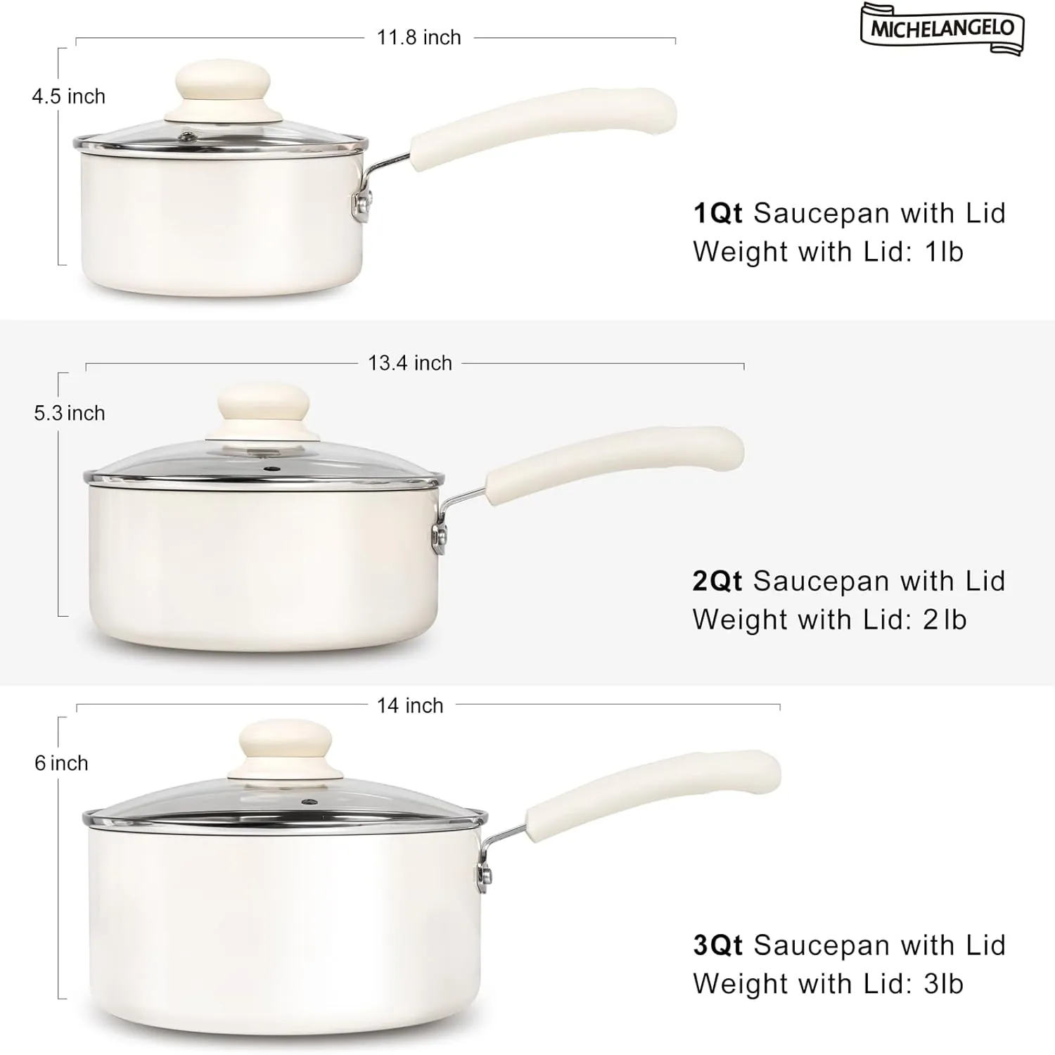 MICHELANGELO Nonstick Sauce Pan Sets, Ceramic Saucepan with Lid, Multipurpose Pot with Lid, Non-Toxic Saucepans, 1QT, White