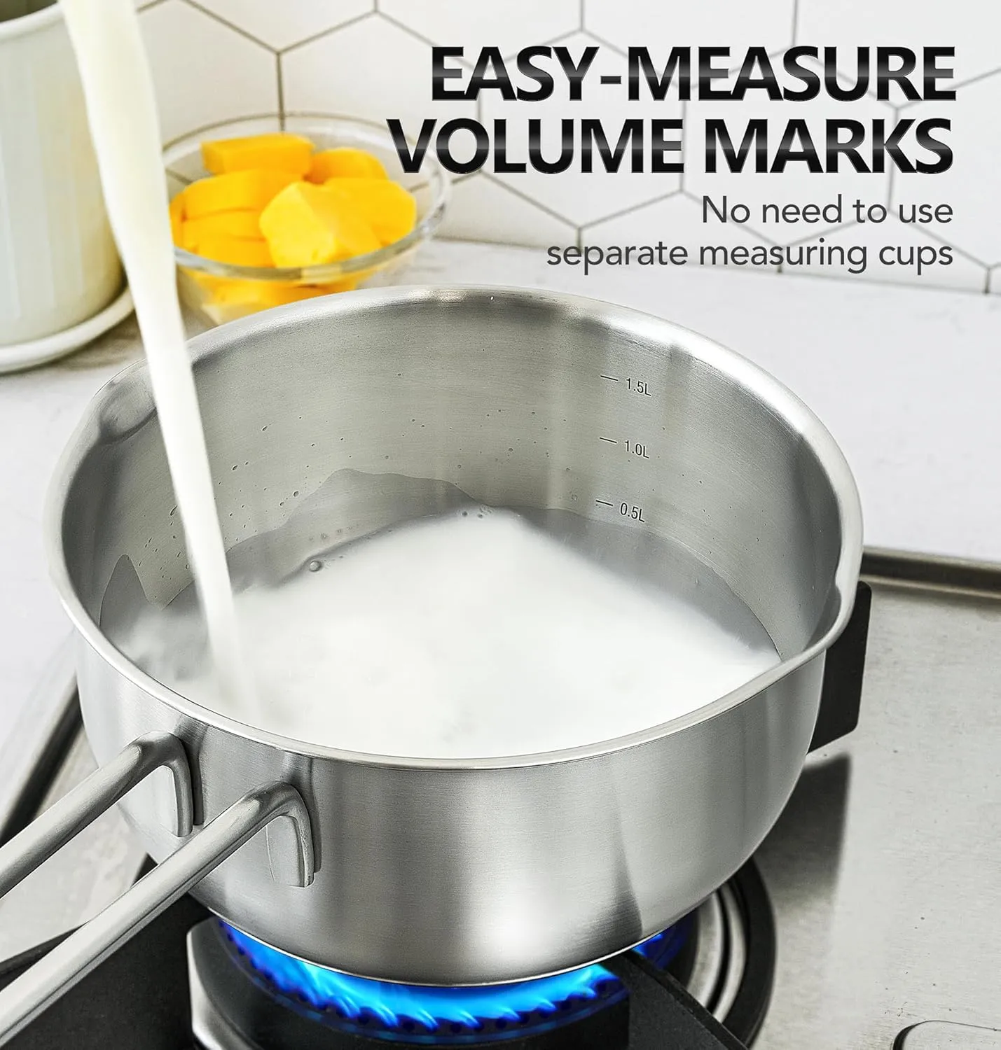 MICHELANGELO Stainless Steel Saucepan Set 1QT & 2QT, Tri-Ply Bottom Sauce Pan with Lid & Pour Spout, Sauce Pot Set - 4 Pcs