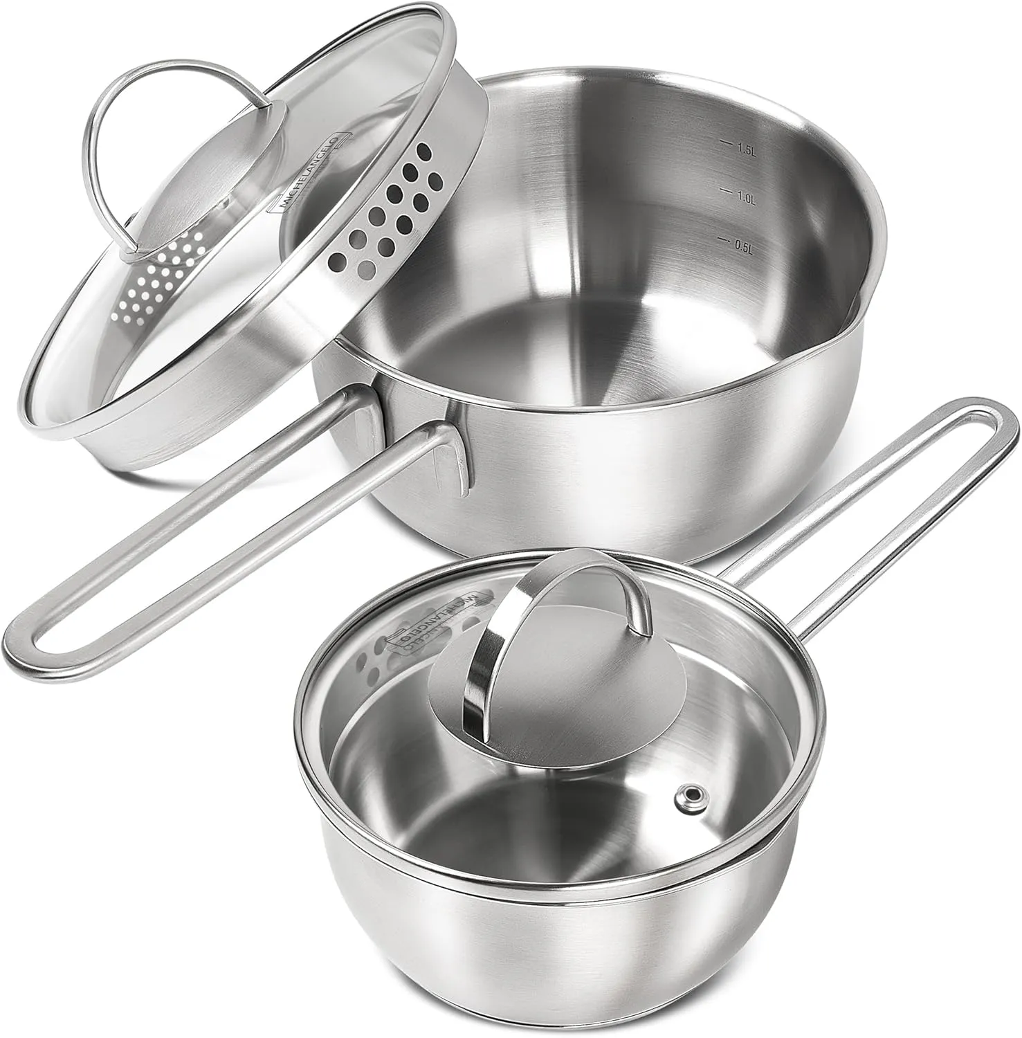 MICHELANGELO Stainless Steel Saucepan Set 1QT & 2QT, Tri-Ply Bottom Sauce Pan with Lid & Pour Spout, Sauce Pot Set - 4 Pcs