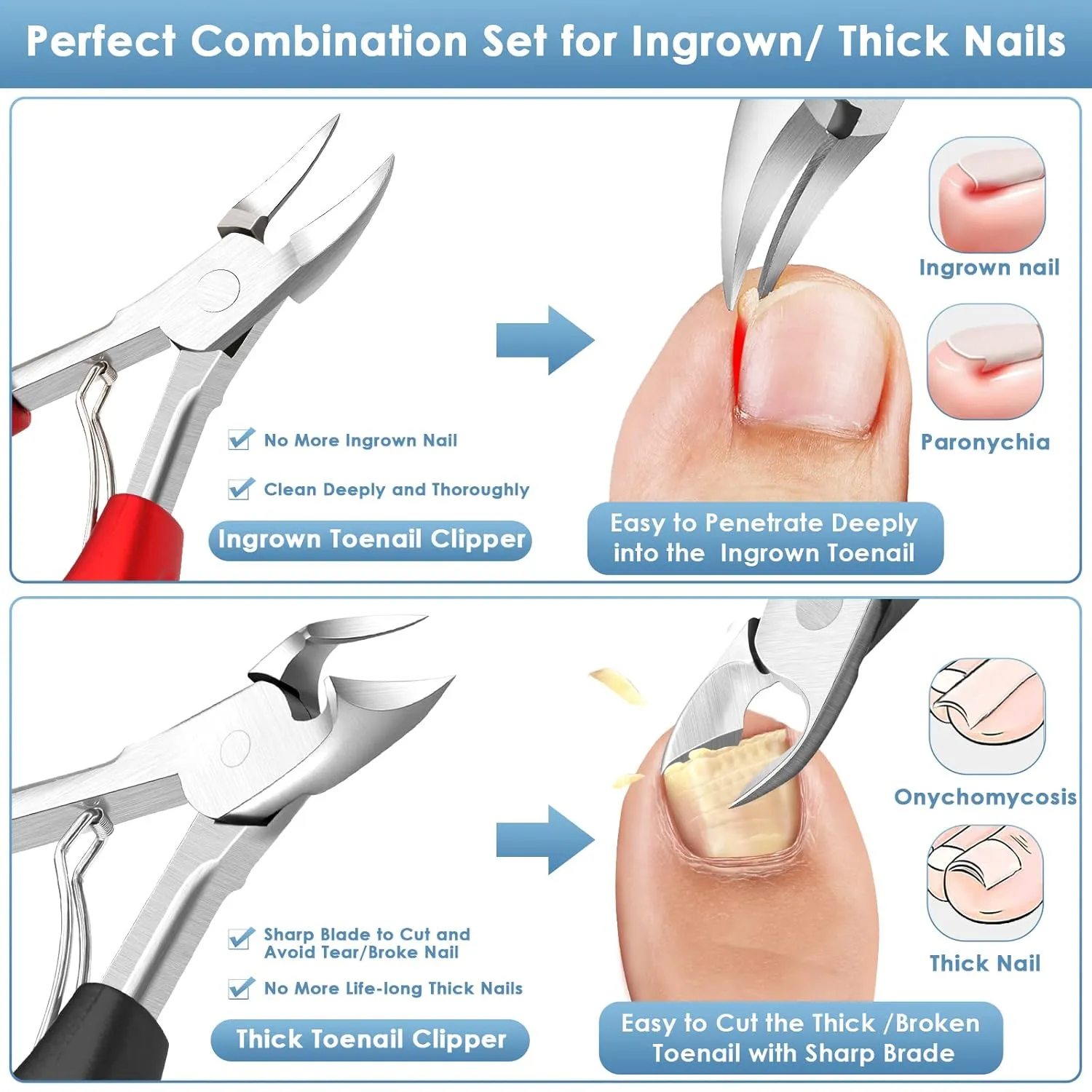Modacraft 8 PCS Podiatrist Toenail Clippers, Professional Heavy Duty Ingrown & Thick Toe Nail Clippers for Men & Seniors, Pedicure Tools kit with Nail Cutter Super Sharp Curved Blade Manicure Tools