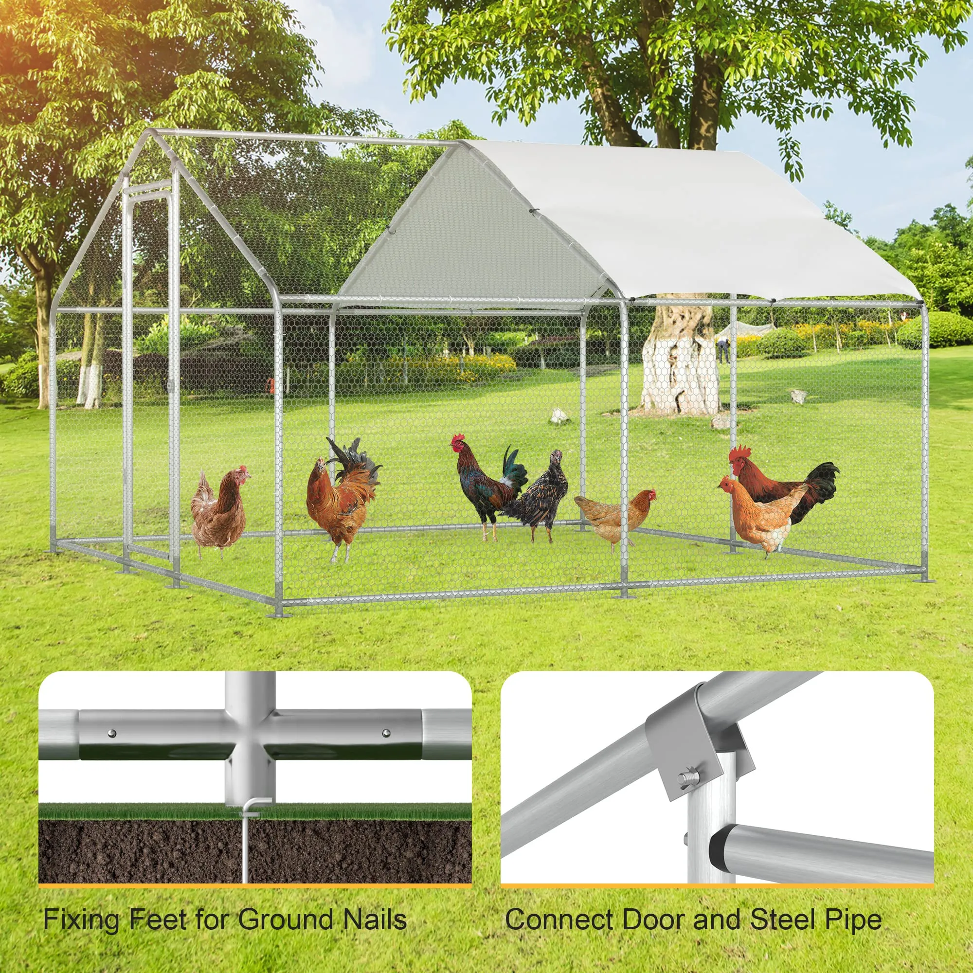 Morngardo Chicken Coop Large Metal Run for 20 Chickens Walk in Yard Poultry Cage Hen House with Waterproof Cover (96.8 Square Feet)