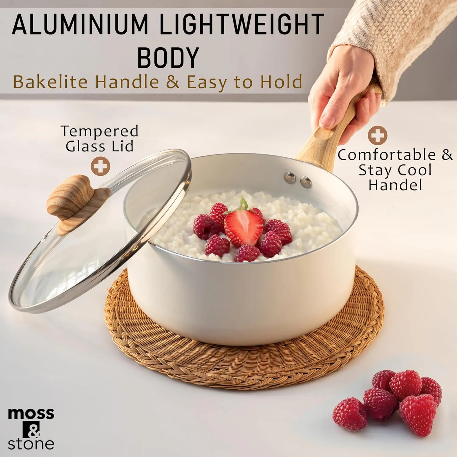 Moss & Stone 6 Piece White Nonstick Cookware Set, Pots And Pans Set Non stick With Glass Lid, Induction Cookware, Stay-Cool Handles, PTFE/PFOA Kitchen Cookware 6-Piece with Frying Pans Set & Saucepan