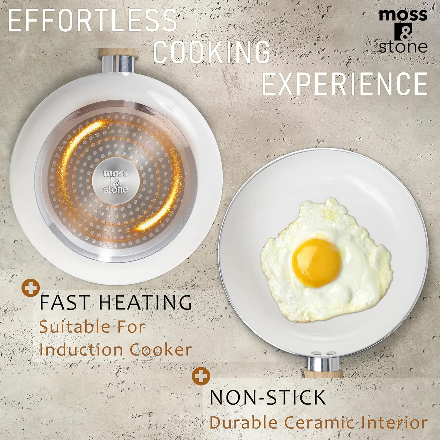 Moss & Stone 6 Piece White Nonstick Cookware Set, Pots And Pans Set Non stick With Glass Lid, Induction Cookware, Stay-Cool Handles, PTFE/PFOA Kitchen Cookware 6-Piece with Frying Pans Set & Saucepan