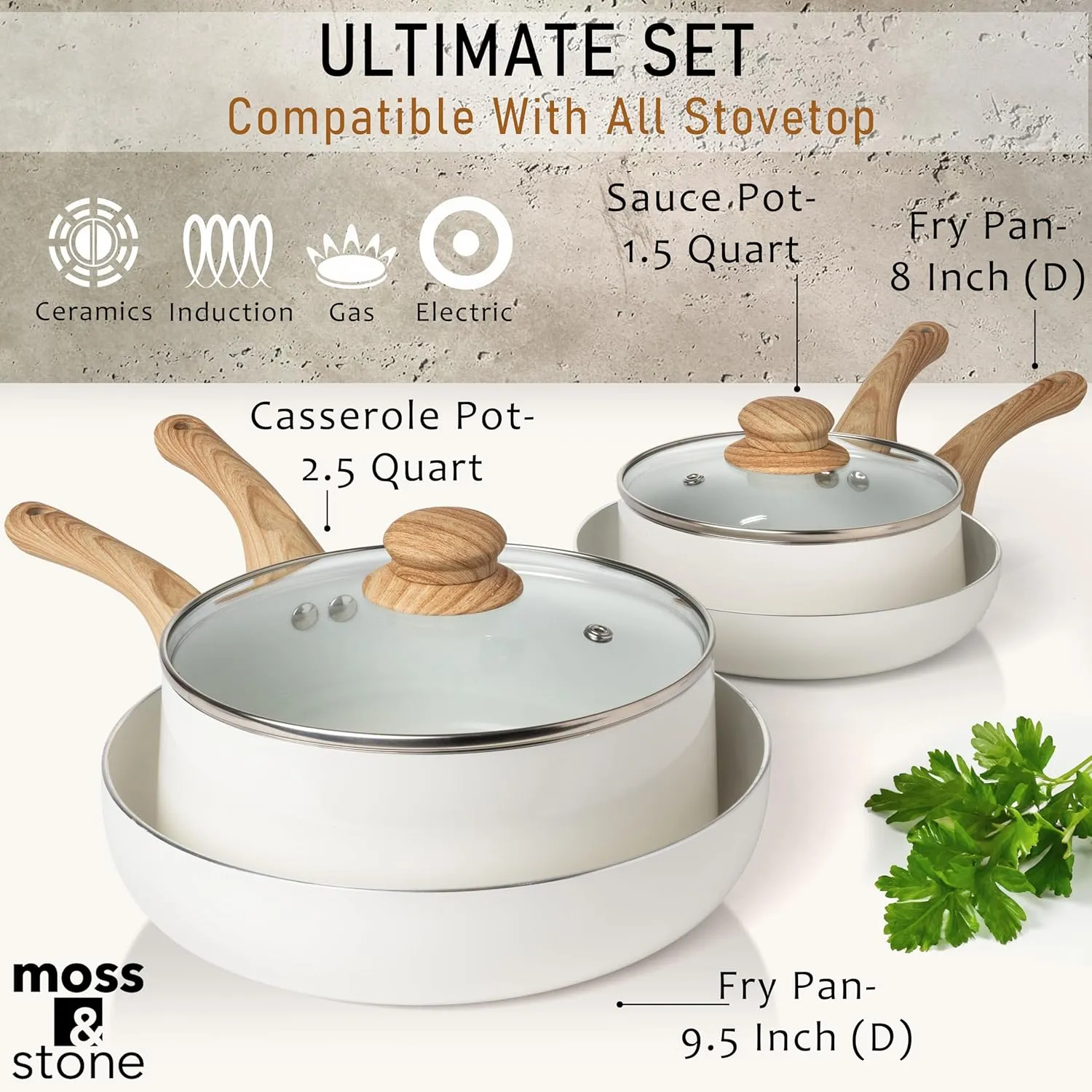 Moss & Stone 6 Piece White Nonstick Cookware Set, Pots And Pans Set Non stick With Glass Lid, Induction Cookware, Stay-Cool Handles, PTFE/PFOA Kitchen Cookware 6-Piece with Frying Pans Set & Saucepan