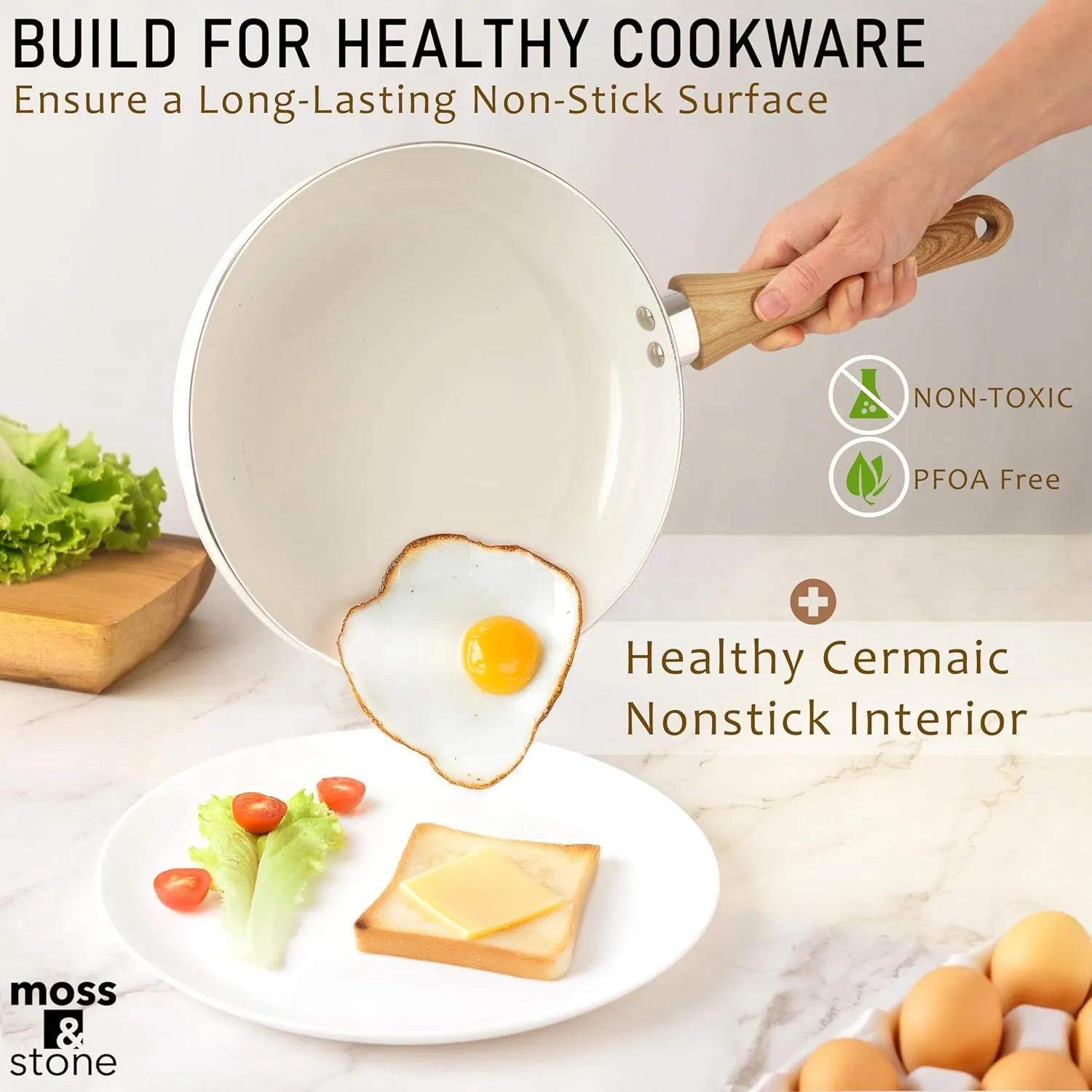 Moss & Stone 6 Piece White Nonstick Cookware Set, Pots And Pans Set Non stick With Glass Lid, Induction Cookware, Stay-Cool Handles, PTFE/PFOA Kitchen Cookware 6-Piece with Frying Pans Set & Saucepan