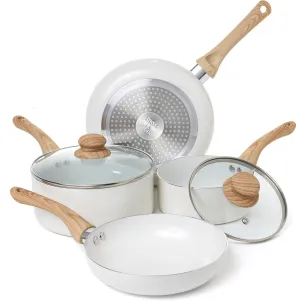 Moss & Stone 6 Piece White Nonstick Cookware Set, Pots And Pans Set Non stick With Glass Lid, Induction Cookware, Stay-Cool Handles, PTFE/PFOA Kitchen Cookware 6-Piece with Frying Pans Set & Saucepan
