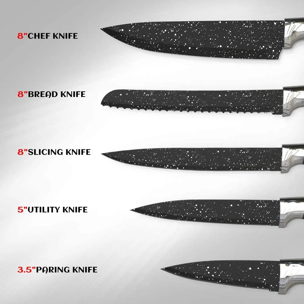 MOSTA Ceramic Coated Knife Block Set with 5Pcs Kitchen Knives, Chef Knife, Bread Knife, Slicing Knife, Utility Knife, Paring Knife and Acrylic Stand