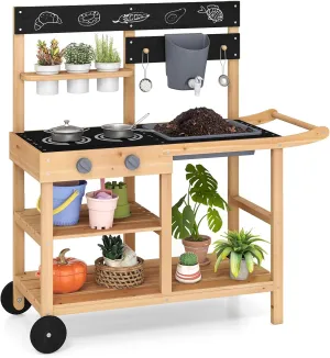 Mud Kitchen for Kids Outdoor with Wheels, Kids Kitchen Playset w/Removable Sink, Water Box & Faucet, Blackboard, Planting Pots & Accessories, Wooden Outdoor Play Kitchen for Children Ages 3 