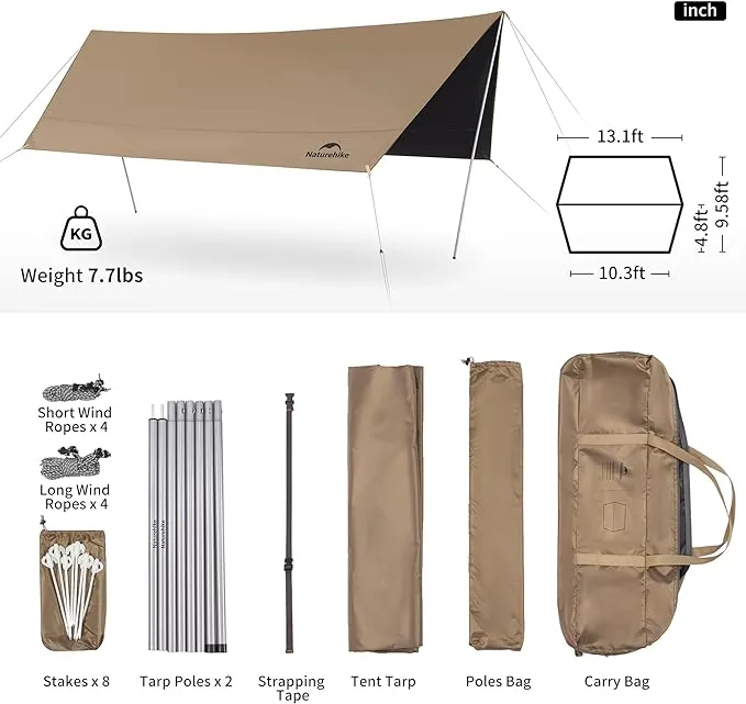Naturehike Cloud Skies Camping Tent Tarp with Poles, Waterproof PU 18000mm  Rain Shelter, Anti-UV UPF2000  Camping Sun Shelter Camping Canopy, Camping Tent Canopy for Outdoor Party, Picnic