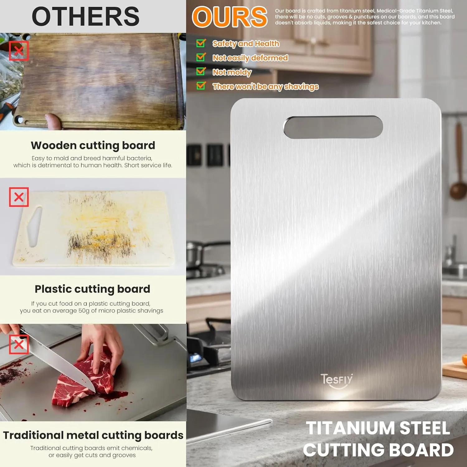 New Titanium Cutting Board - 100% Pure Titanium Cutting Boards For Kitchen,Easy to clean,Double-sided food-grade Titanium Cutting Board For Cutting Meats, Fruits And Vegetables(15 * 11)