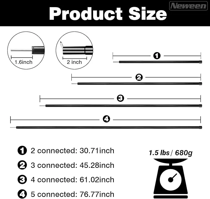 Neween Telescoping Tarp Poles Heavy Duty Adjustable Camping Tent Poles, Portable Replacement Canopy Rods for Rain Fly, Awning, Outdoor Camping, Hiking, Backpacking, Sunshade, Set of 2, Black