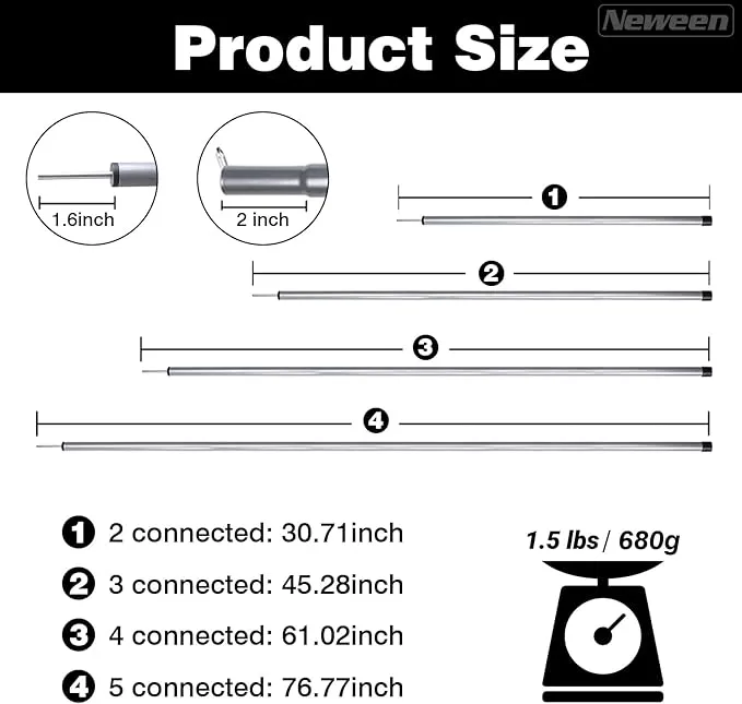 Neween Telescoping Tarp Poles Heavy Duty Adjustable Camping Tent Poles, Portable Replacement Canopy Rods for Rain Fly, Awning, Outdoor Camping, Hiking, Backpacking, Sunshade, Set of 2, Grey