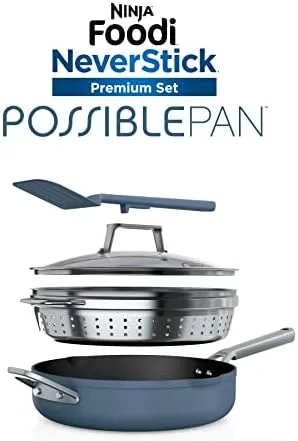 Ninja, Cookware, Steamer, Strainer Basket, Glass Lid and Spatula, Foodi NeverStick PossiblePan, Premium Set with 4-Quart Capacity Pan, Nonstick, Durable, Oven Safe Cookware, Cherry Tart, CW102BL