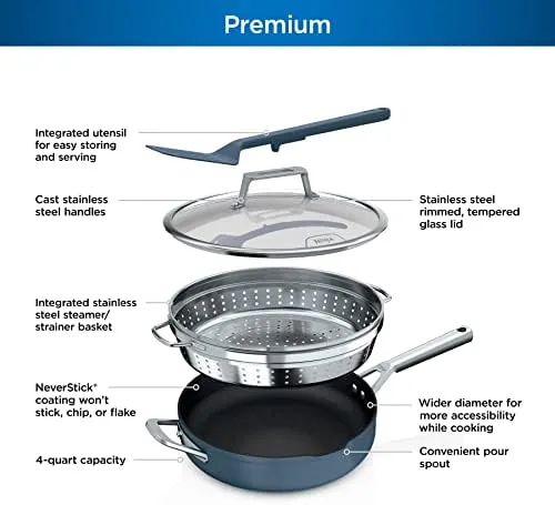 Ninja, Cookware, Steamer, Strainer Basket, Glass Lid and Spatula, Foodi NeverStick PossiblePan, Premium Set with 4-Quart Capacity Pan, Nonstick, Durable, Oven Safe Cookware, Cherry Tart, CW102BL