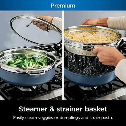 Ninja, Cookware, Steamer, Strainer Basket, Glass Lid and Spatula, Foodi NeverStick PossiblePan, Premium Set with 4-Quart Capacity Pan, Nonstick, Durable, Oven Safe Cookware, Cherry Tart, CW102BL