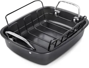Nonstick Roasting Pan with Rack, Turkey Roasting Pan for Oven, Large Roaster Pan with Handle for Chicken, 17 Inch X 13 Inch, Carbon Steel, Dark Grey