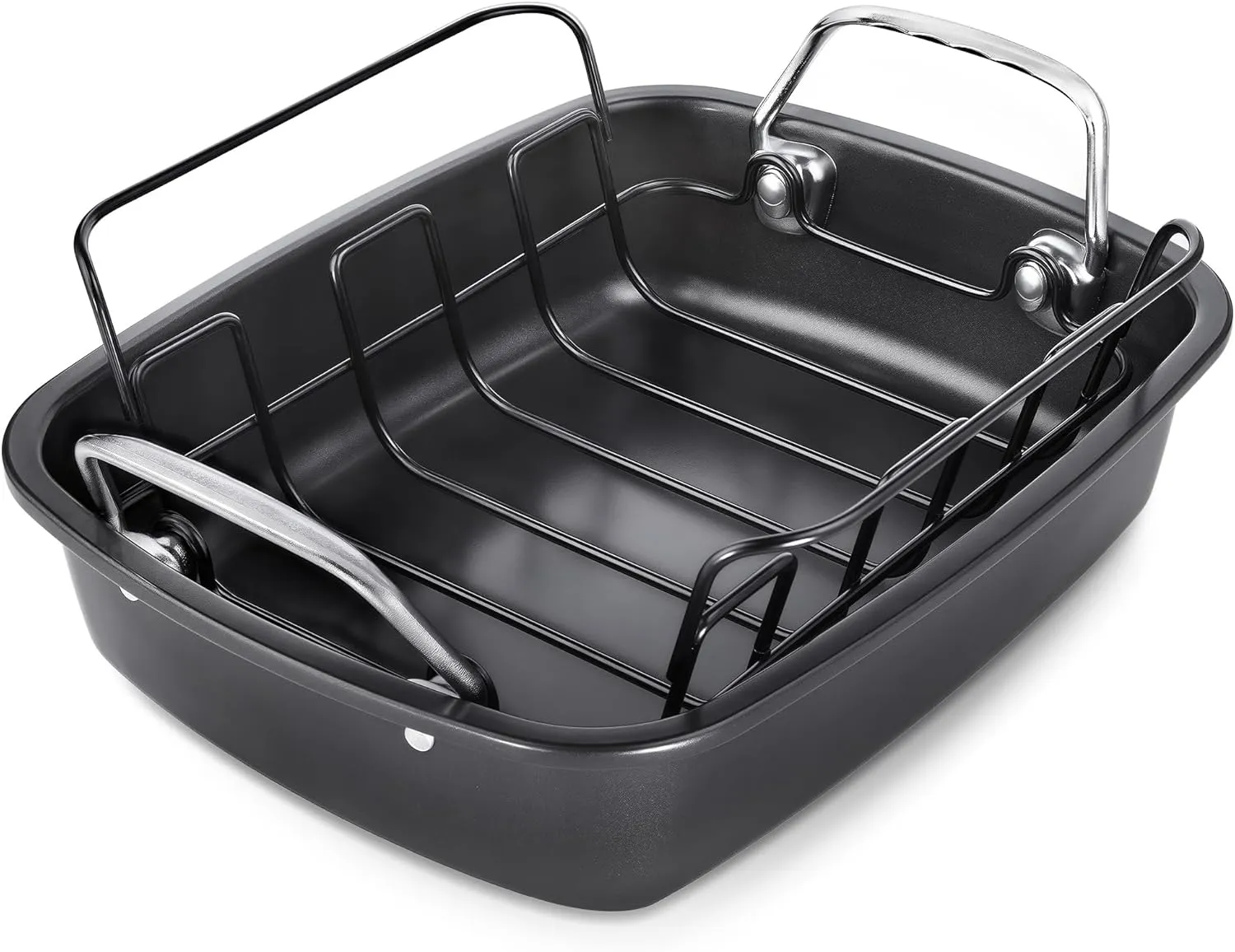 Nonstick Roasting Pan with Rack, Turkey Roasting Pan for Oven, Large Roaster Pan with Handle for Chicken, 17 Inch X 13 Inch, Carbon Steel, Dark Grey