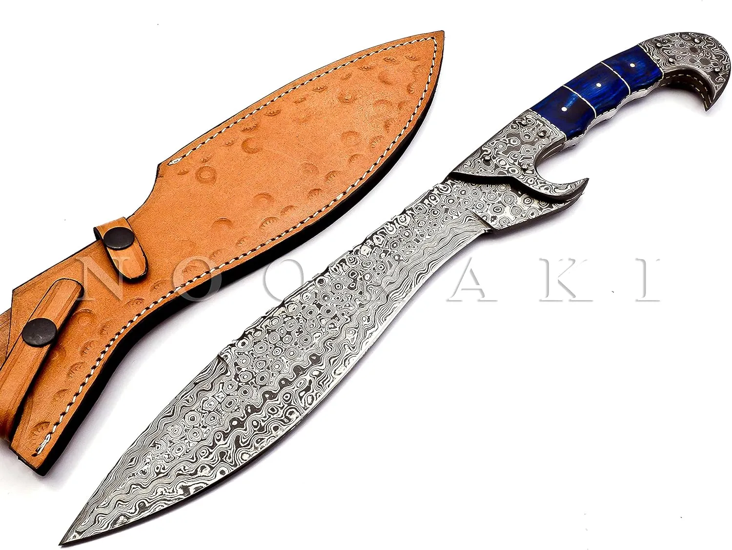 Nooraki - 18 inches Handmade Damascus Steel Machete/Kukri Knife, Bushcraft Knife, Hunting Knife, Camping Knife, Collectors Knife, Full Tang Handle With Leather Sheath - MK-310