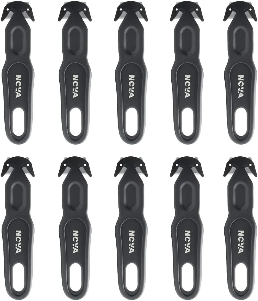 Nova Safety Cutter Tool, Safety Box Cutter Knife, Ergonomic Film Cutting Blade, Box, Strap, Carton, Package, Envelope and Letter Opener (10 Piece - Black)