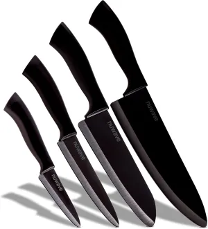 Nuwave 4-Piece Black Ceramic Knife Set - Includes 3' Paring, 5' Utility, 6.5' Everyday & 8' Chef's Knife, Ideal Super Sharp Kitchen Knives, Rust-Proof, Ergonomic Handles