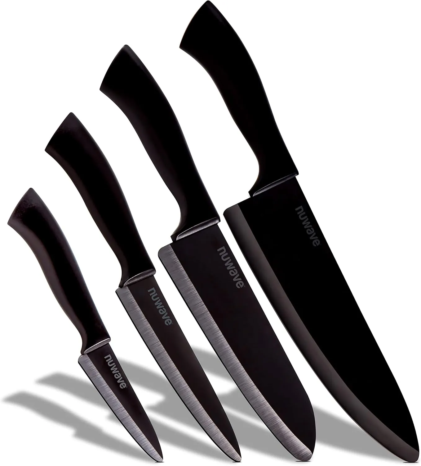 Nuwave 4-Piece Black Ceramic Knife Set - Includes 3' Paring, 5' Utility, 6.5' Everyday & 8' Chef's Knife, Ideal Super Sharp Kitchen Knives, Rust-Proof, Ergonomic Handles