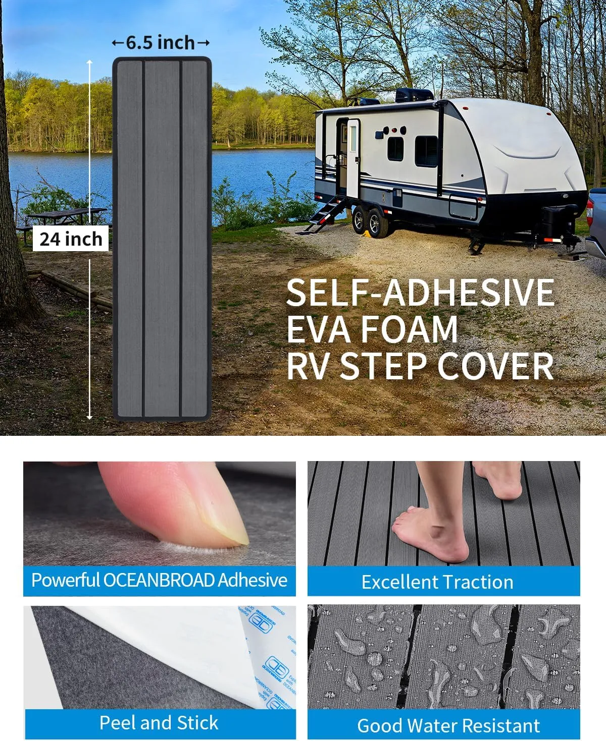 OCEANBROAD EVA Foam RV Step Cover 24''x6.5'' 4 Pack with Self Adhesive for Ladders Trailers Truck Campers RV Steps Treads, Dark Gray
