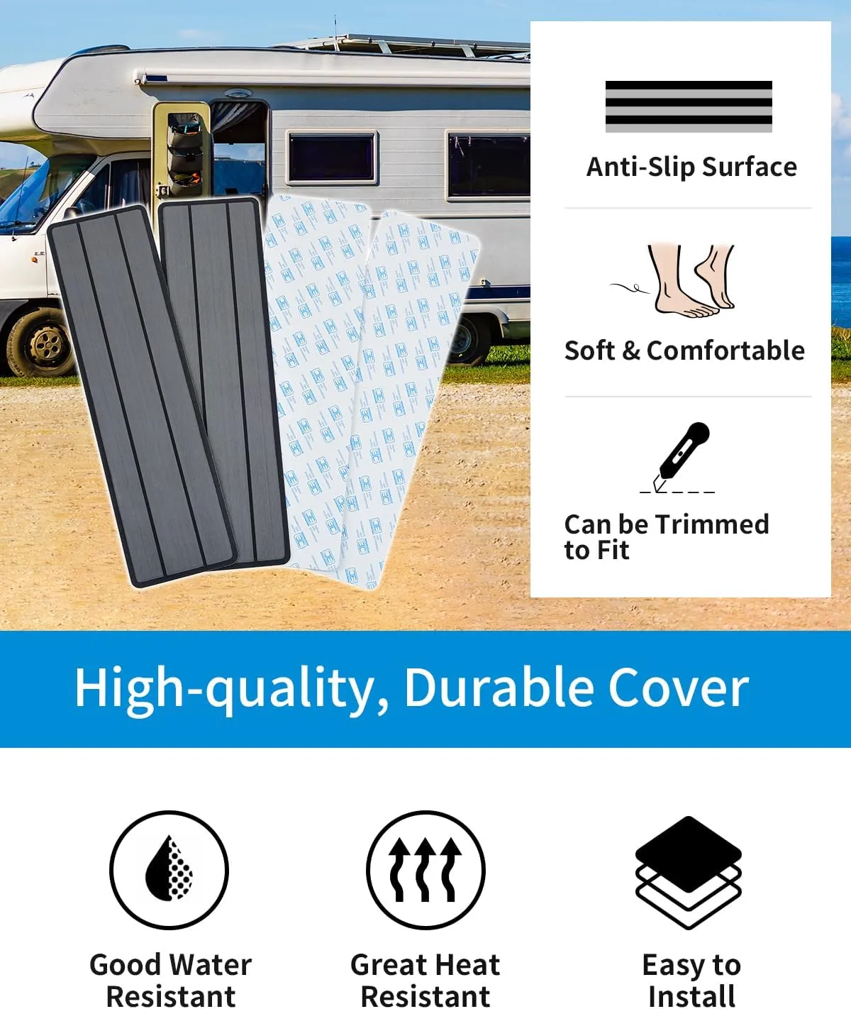 OCEANBROAD EVA Foam RV Step Cover 24''x6.5'' 4 Pack with Self Adhesive for Ladders Trailers Truck Campers RV Steps Treads, Dark Gray
