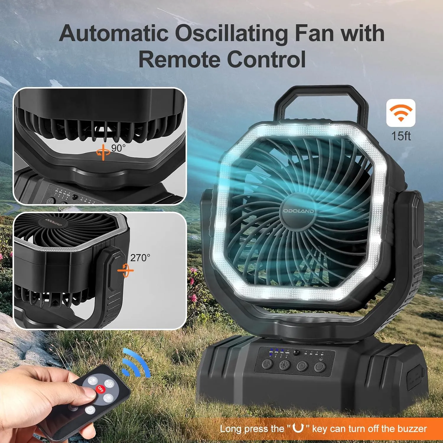 Odoland Portable Camping Fan with LED Lantern, 20000mAh Rechargeable Battery Powered Fan with Auto Oscillation, Timer, Remote, 360° Rotation Hook, 4 Speeds Tent Fan for Power Outage Travel Home, Black