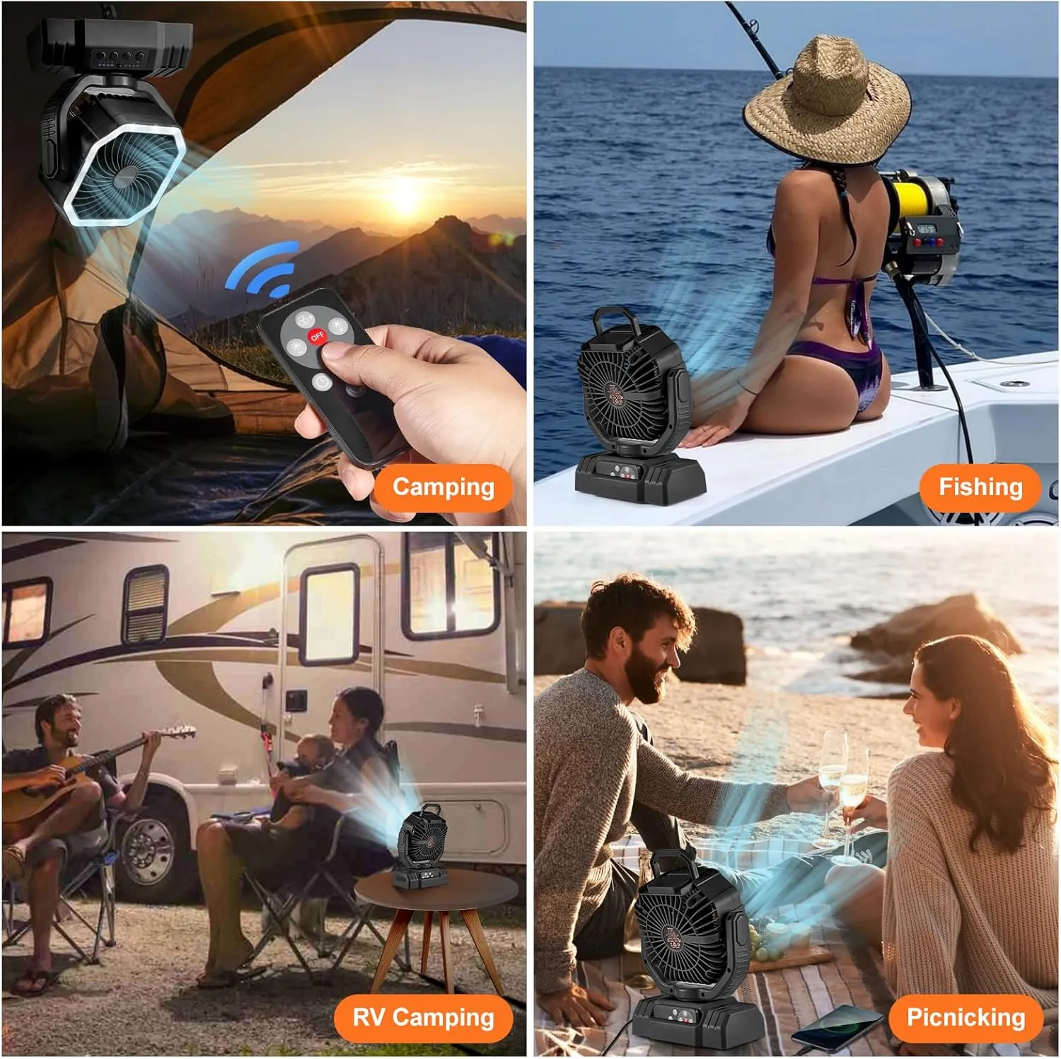 Odoland Portable Camping Fan with LED Lantern, 20000mAh Rechargeable Battery Powered Fan with Auto Oscillation, Timer, Remote, 360° Rotation Hook, 4 Speeds Tent Fan for Power Outage Travel Home, Black