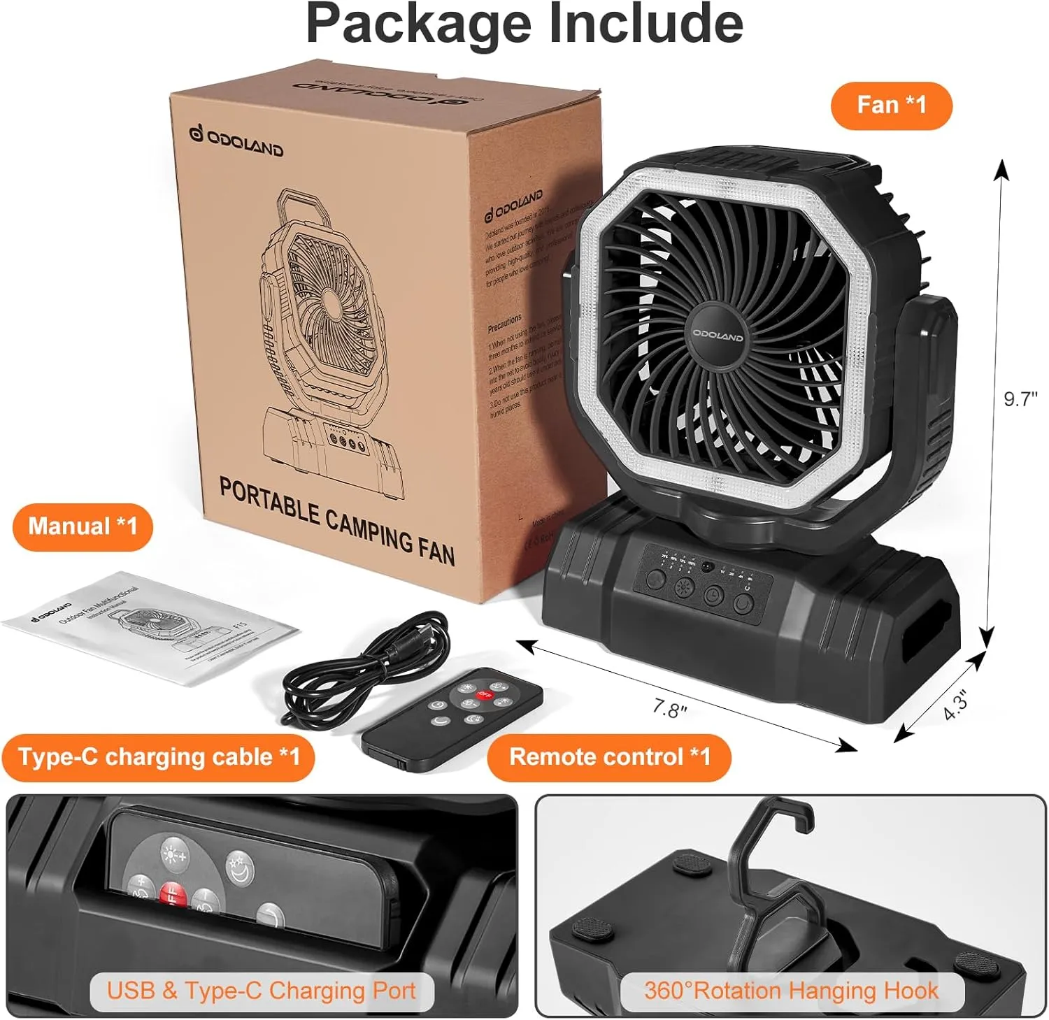 Odoland Portable Camping Fan with LED Lantern, 20000mAh Rechargeable Battery Powered Fan with Auto Oscillation, Timer, Remote, 360° Rotation Hook, 4 Speeds Tent Fan for Power Outage Travel Home, Black