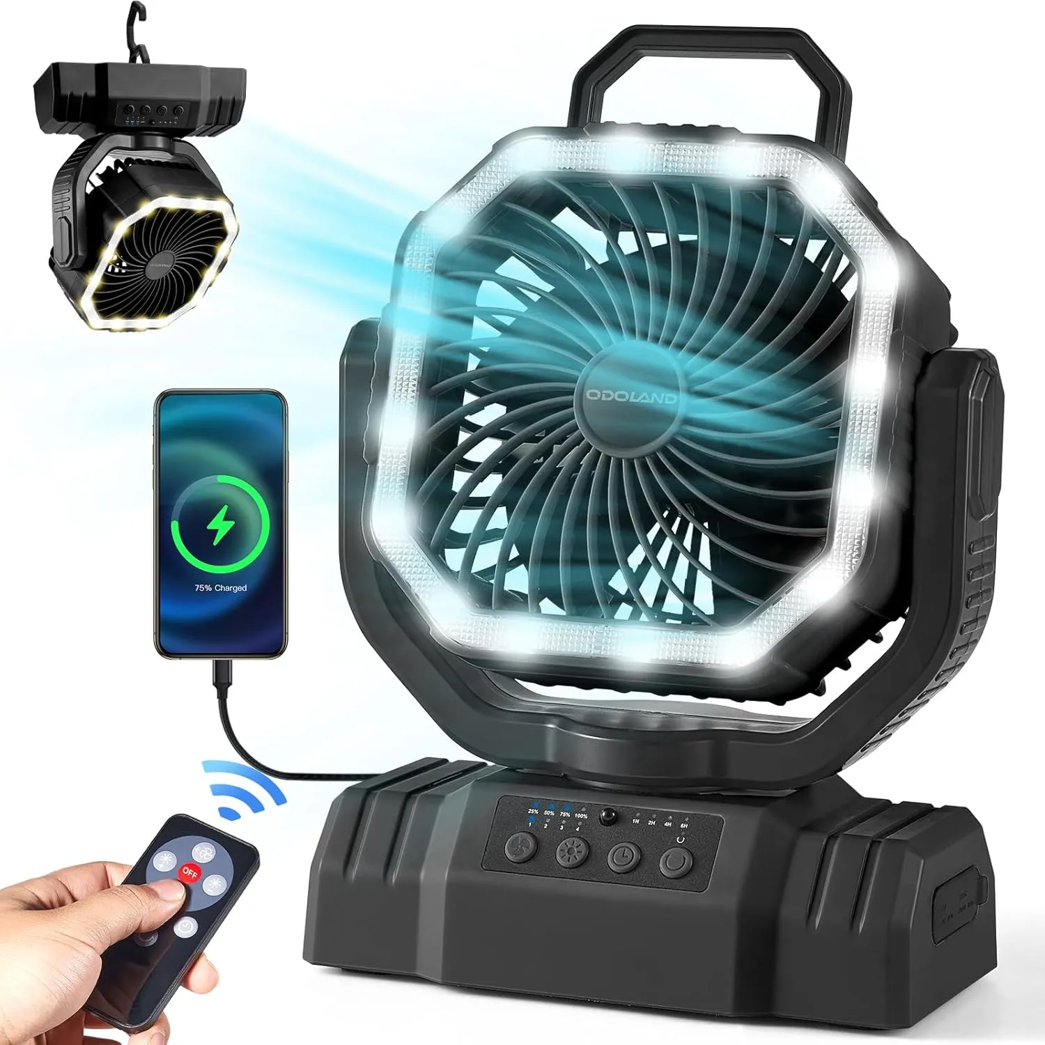 Odoland Portable Camping Fan with LED Lantern, 20000mAh Rechargeable Battery Powered Fan with Auto Oscillation, Timer, Remote, 360° Rotation Hook, 4 Speeds Tent Fan for Power Outage Travel Home, Black