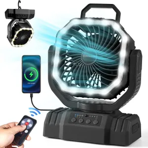 Odoland Portable Camping Fan with LED Lantern, 20000mAh Rechargeable Battery Powered Fan with Auto Oscillation, Timer, Remote, 360° Rotation Hook, 4 Speeds Tent Fan for Power Outage Travel Home, Black