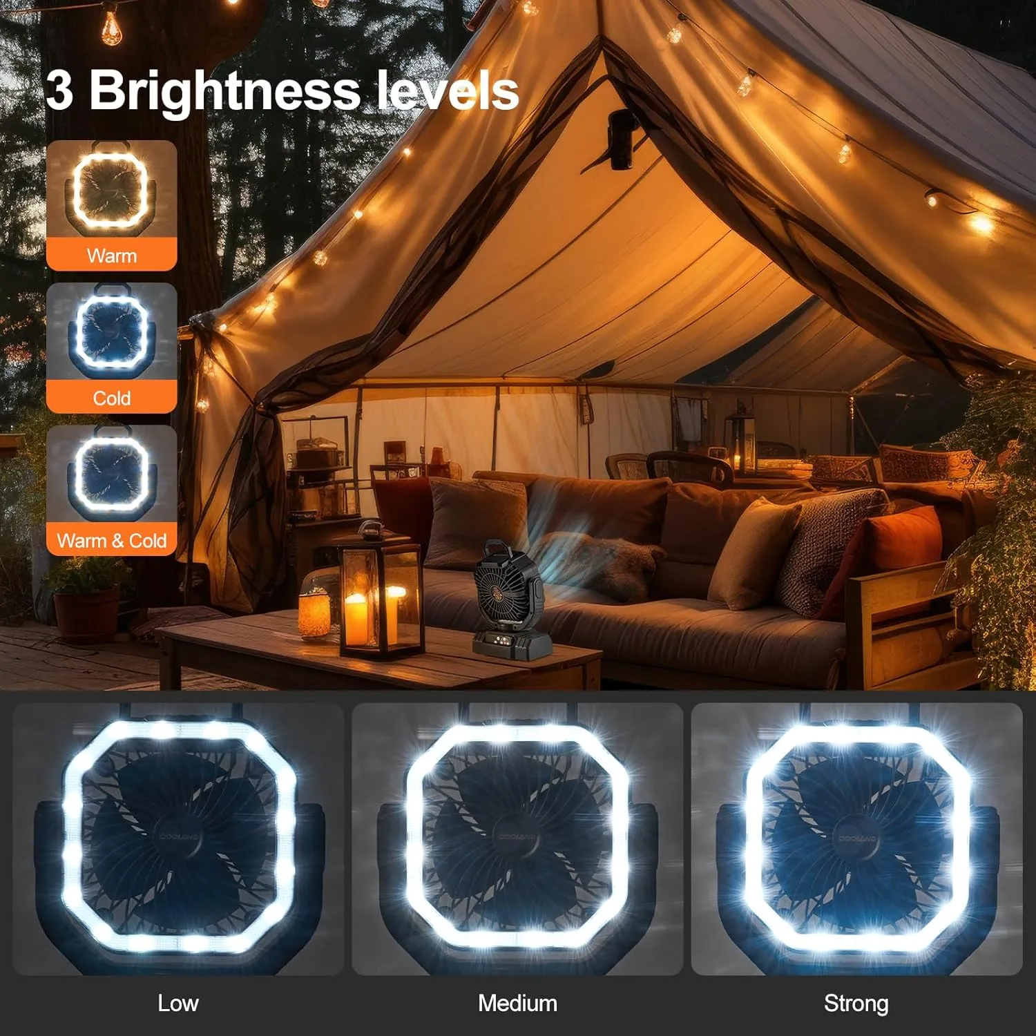 Odoland Portable Camping Fan with LED Lantern, 20000mAh Rechargeable Battery Powered Fan with Auto Oscillation, Timer, Remote, 360° Rotation Hook, 4 Speeds Tent Fan for Power Outage Travel Home, Black