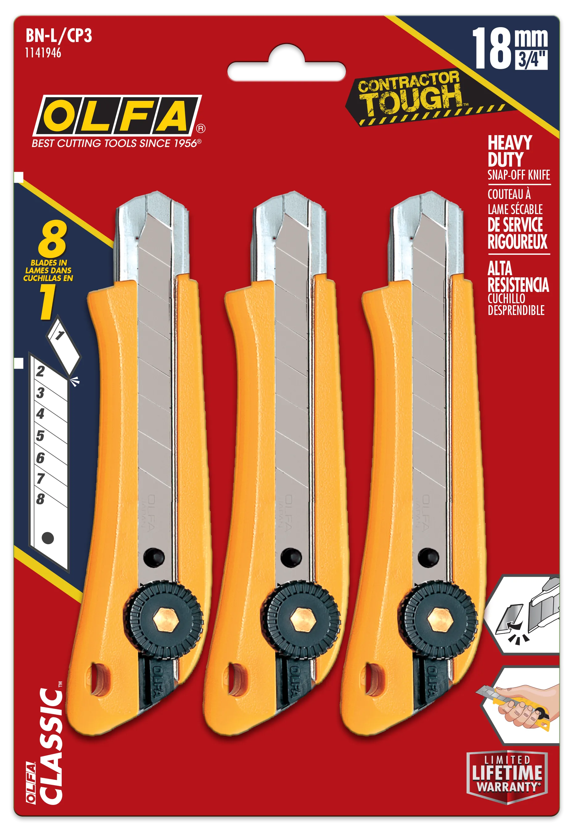 OLFA 1141946 BN-L/CP3 18mm Heavy-Duty Ratchet Lock Snap-Off Utility Knife (3-Pack)