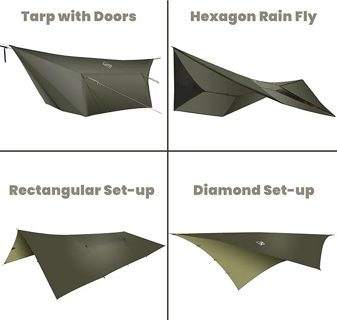 onewind 12ft Hammock Tarp, Ultralight Tarp Lightweight and Waterproof Silnylon Hammock Rain Fly, Versatile Camping Tarp with Doors, Easy to Setup with Stuff Sack, Tent Stakes, Dark Grey