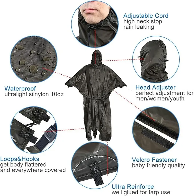onewind Hooded Rain Poncho, Silnylon Camping Rain Coat Versatile Survival Shelter Lightweight Poncho for Hiking, Backpacking