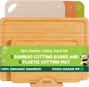 OOU Bamboo Cutting Board for Kitchen, Wooden Cutting Board Set with holder. 2 Heavy Duty Cutting Boards and 3 Color Coded Flexible Plastic Cutting Mats, Charcuterie & Chopping Boards For Meat