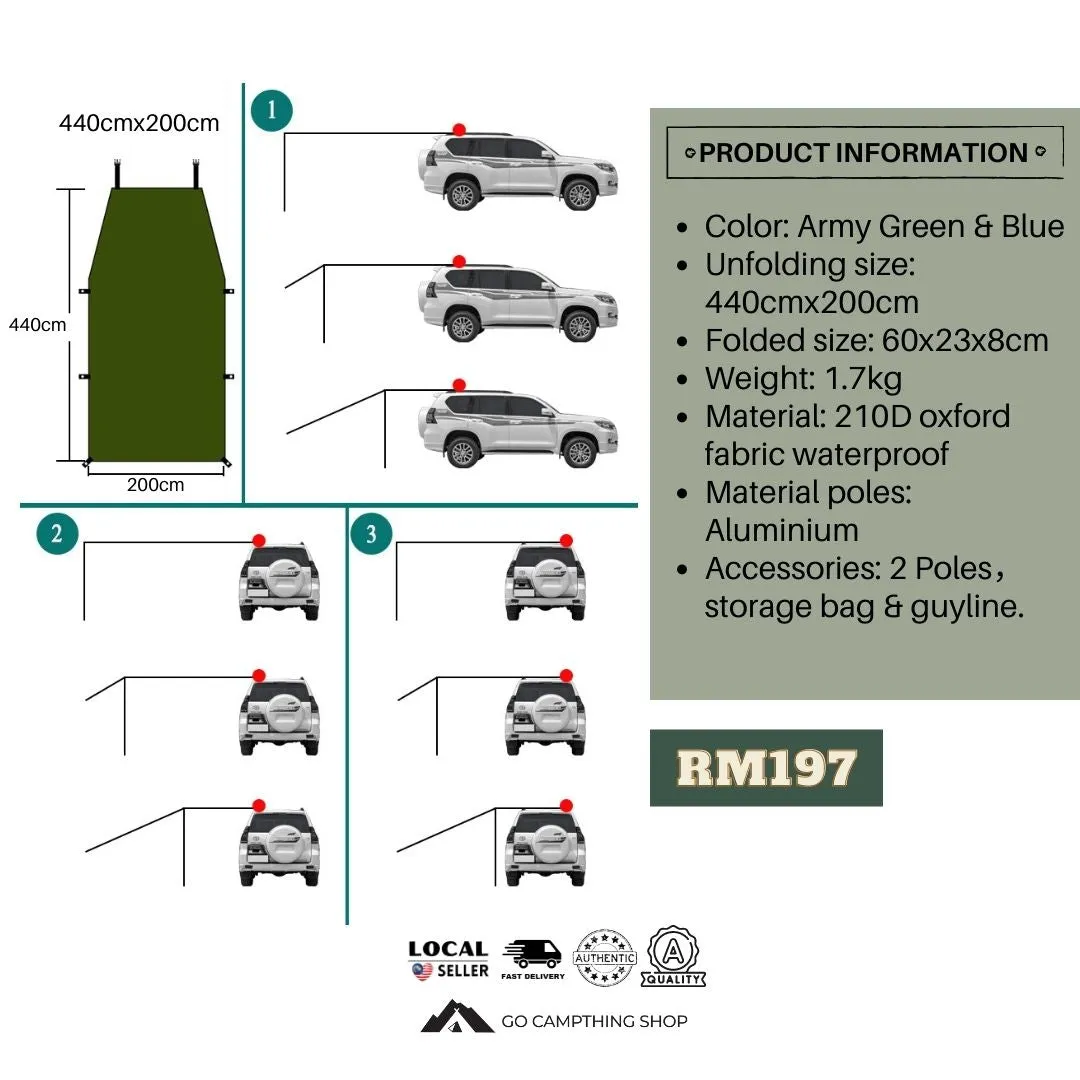 Outdoor Camping Car Side Tarp Sunshade Curtain Easy to set up 3-4 People Large 440x200cm Army Green Color