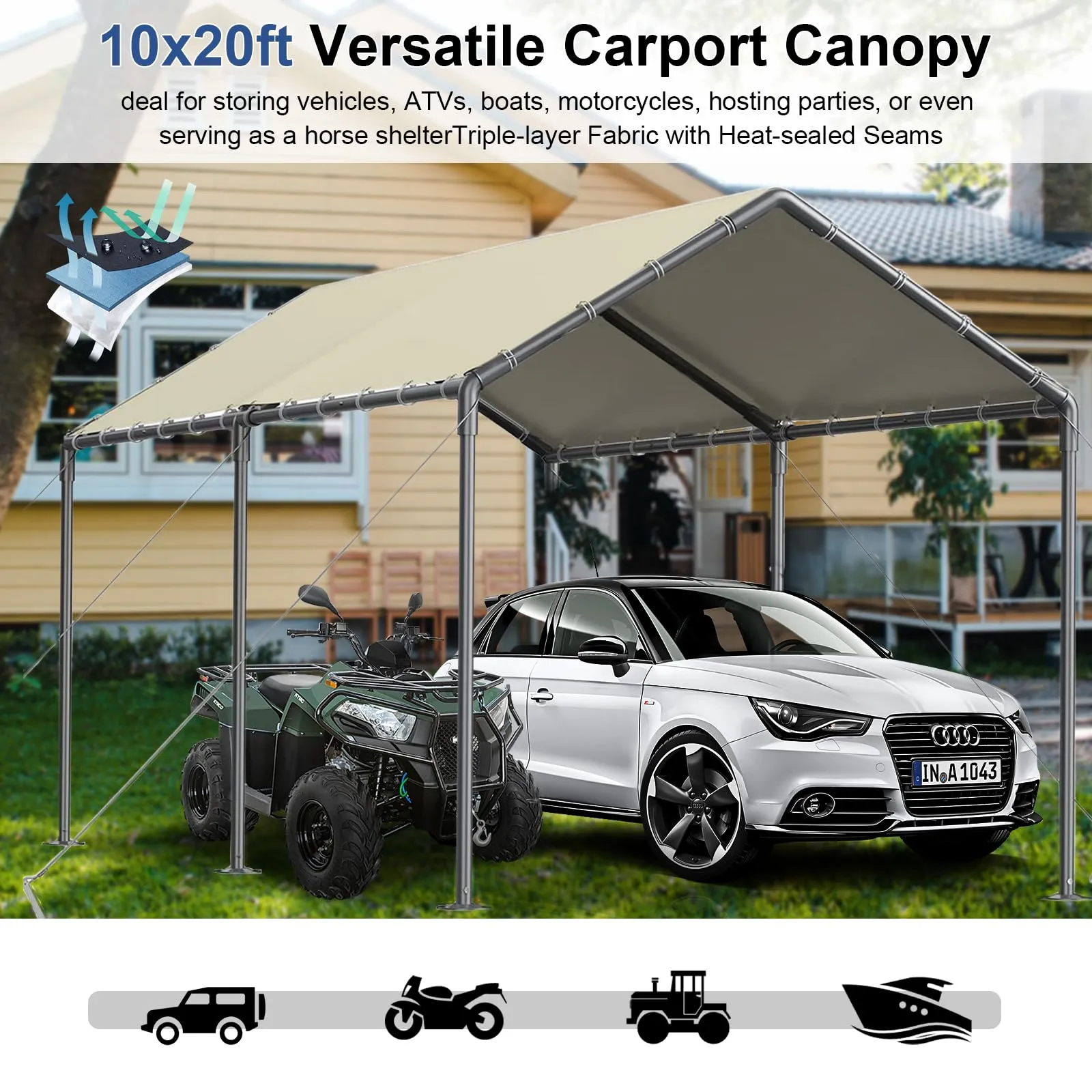 Outdoor Carport 10x20ft Heavy Duty Car Tent, Portable Garage Canopy Storage Shed, Car Shelter, All-Season Tarp Tent for Car, Party (Bg)