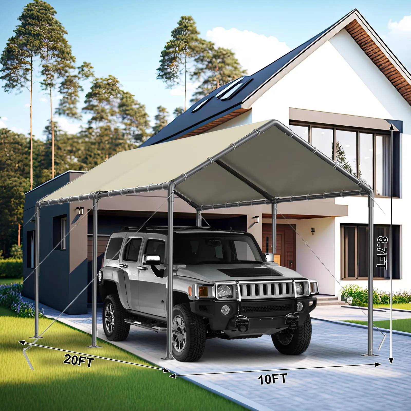 Outdoor Carport 10x20ft Heavy Duty Car Tent, Portable Garage Canopy Storage Shed, Car Shelter, All-Season Tarp Tent for Car, Party (Bg)