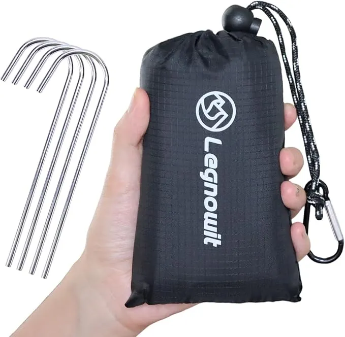 Outdoor Pocket Blanket, Packable Compact Lightweight Blanket Tarp, Small Beach Blanket Sandproof Waterproof, Fast Dry Ground Cover for Picnic Concert Festival Camping, Stakes Included (Black)