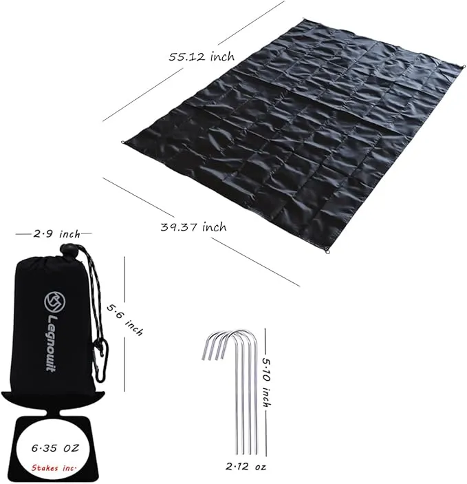 Outdoor Pocket Blanket, Packable Compact Lightweight Blanket Tarp, Small Beach Blanket Sandproof Waterproof, Fast Dry Ground Cover for Picnic Concert Festival Camping, Stakes Included (Black)
