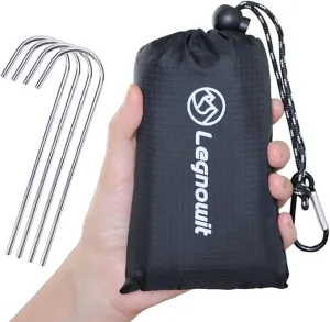 Outdoor Pocket Blanket, Packable Compact Lightweight Blanket Tarp, Small Beach Blanket Sandproof Waterproof, Fast Dry Ground Cover for Picnic Concert Festival Camping, Stakes Included (Black)