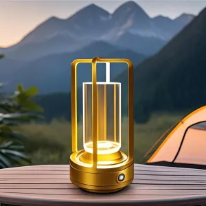 Outdoor Table Lamp, 4000mAh Rechargeable Battery Operated lamp, 3 Color Stepless Dimmable Portable Metal Table Lamp for Patio, Camping, Coffee Table, Crystal Lantern lamp for Indoor/Outdoor (Gold)